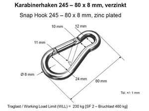 Afbeelding van Feuerwehrkarabinerhaken 245 / 80x8, verzinkt