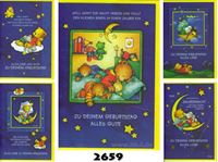 Resim Geburtstags-Karte, Teddy&prime;s unterm Sternenhimmel, einzeln mit gelbem Umschlag in Cellophan verpackt