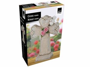 Afbeelding van Grabschmuck Kreuz mit Rosen aus Polyresin, Größe 10,5 x 4,5 x 16 cm im Geschenkkarton