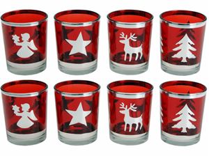Picture of Teelichthalter aus Glas, Weihnachtdekor rot, 4fach sortiert