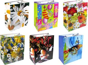 Afbeelding van Geschenkbeutel groß (264x136x327 mm), Blumen-Mix, 12 Motive, mit Kordel und Anhänger