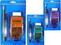Εικόνα της Taschenrechner mit Schreibset, 6teilig auf Blister, 3fach sortiert grün, orange und lila
