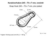 Immagine di Feuerwehrkarabinerhaken 245S / 70x7mm, verzinkt, mit Schraubverschluss