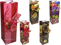 Resim Geschenkbeutel Flasche (100x89x330mm), Rosen, mit Anhänger und Kordel