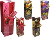 Picture of Geschenkbeutel Flasche (100x89x330mm), Rosen, mit Anhänger und Kordel