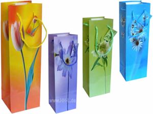 Immagine di Geschenkbeutel Flasche groß (124x77x360 mm) Blumen, 4 Motive, mit Anhänger und Kordel