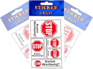 Изображение Etiketten selbstklebend, ''BITTE KEINE WERBUNG'', enthält 15 Etiketten in 4 Größen, 3 Blatt je 5 Et.
