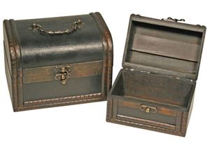 Εικόνα της Holztruhen 2er Set mit Holzverzierungen-, und Metallbeschlägen LBH:18x13x12cm, 14x10x9cm