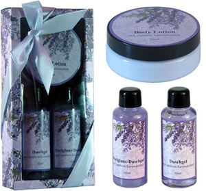 Obrazek Geschenkset Duschgel & Body Lotion Lavendel, 3 teilig, 2x Duschgel 70 ml, 1x Body Lotion 60 ml