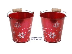 Εικόνα της Eimer weihnachtlich rot aus Metall S, Holzgriff, Muster geprägt DH:10x10cm