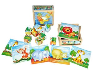 Obrazek Puzzle Tiere 9 Holzklötze in einer Holzschachtel, mehrfach sortiert, inklusive Vorlagen