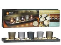 Εικόνα της Teelichter auf dunkelbrauner Holzschale 44x13x8cm, mit 5 Gläsern in grau/braun Tönen, siehe Details