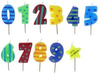 Resim Geburtstagskerzen Zahlen 0-9, 8 cm hoch, Blister, zus. Luftballon und Stern, Steckfuß, im Display