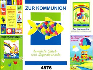 Εικόνα της Kommunions-Karte mit gezeichneten Motiven, einzeln mit Kuvert in Cellophan verpackt