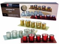 Εικόνα της Teelichter auf Glasschale 44 x 13 x 12 cm, mit 5 Gläsern in rot, gold und silber, siehe Details