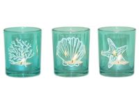 Image de Teelichtglas aus Glas 3 Designs,, 2 Farben sortiert, türkis und dunkelblau