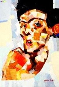 Afbeelding van Homage an Schiele - Selbstporträt mit gesenktem Kopf d83499 60x90cm abstraktes Ölbild handgemalt