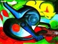 Afbeelding van Franz Marc - Zwei Katzen blau & gelb k84002 90x120cm abstraktes Ölbild