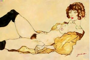 Afbeelding van Egon Schiele - Liegende Frau mit grünen Strümpfen d88065 60x90cm Ölbild handgemalt