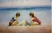 Afbeelding van Sylt - Spielende Mädchen am Strand d88779 60x90cm Ölbild handgemalt
