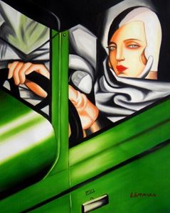 Afbeelding van Homage of T. de Lempicka - Tamara im grünen Bugatti b88459 40x50cm Ölbild handgemalt