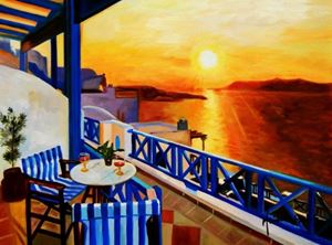 Εικόνα της Modern Art - Hotelterrasse auf Mykonos a89274 30x40cm Ölbild handgemalt