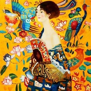 Resim Gustav Klimt - Frau mit Fächer g89604 80x80cm Jugendstil Ölgemälde handgemalt