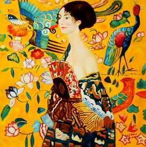 Resim Gustav Klimt - Frau mit Fächer g89605 80x80cm Jugendstil Ölgemälde handgemalt