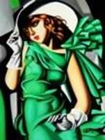 Afbeelding van Homage to T. de Lempicka - Mädchen in Grün mit Handschuhen a91021 30x40cm Art Deco Ölbild handgemalt