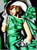 Afbeelding van Homage to T. de Lempicka - Mädchen in Grün mit Handschuhen a91023 30x40cm Art Deco Ölbild handgemalt
