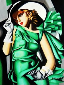 Afbeelding van Homage to T. de Lempicka - Mädchen in Grün mit Handschuhen a91023 30x40cm Art Deco Ölbild handgemalt
