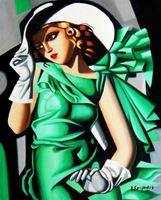 Afbeelding van Homage to T. de Lempicka - Mädchen in Grün mit Handschuhen b91045 40x50cm Art Deco Ölbild handgemalt