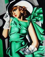 Afbeelding van Homage to T. de Lempicka - Mädchen in Grün mit Handschuhen b91046 40x50cm Art Deco Ölbild handgemalt