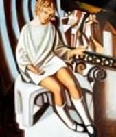 Afbeelding van Homage of T. de Lempicka - Kizette auf dem Balkon c91109 50x60cm Ölbild handgemalt