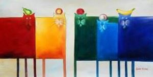 Εικόνα της Pop Art - Das lustige bunte Katzenquintett f91268 60x120cm witziges Ölbild