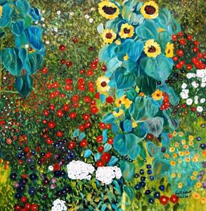 Afbeelding van Gustav Klimt - Garten mit Sonnenblume g91295 80x80cm exzellentes Ölgemälde
