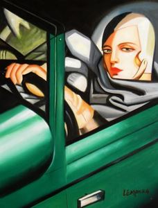 Picture of Homage of T. de Lempicka - Tamara im grünen Bugatti a91546 30x40cm Ölbild handgemalt