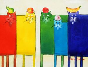 Εικόνα της Pop Art - Das lustige bunte Katzenquintett a91563 30x40cm witziges Ölbild