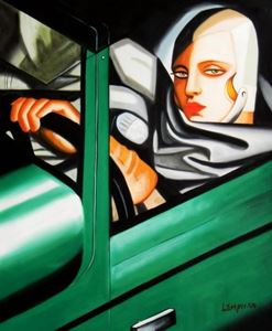 Afbeelding van Homage of T. de Lempicka - Tamara im grünen Bugatti c91611 50x60cm Ölbild handgemalt