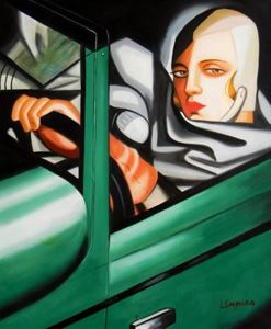 Afbeelding van Homage of T. de Lempicka - Tamara im grünen Bugatti c91612 50x60cm Ölbild handgemalt