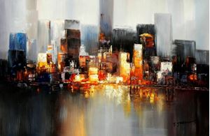 Obrazek Abstrakt New York Manhattan Skyline bei Nacht d91698 60x90cm Gemälde handgemalt