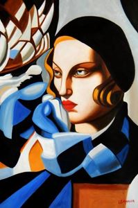 Picture of Homage of Tamara de Lempicka - Der blaue Schal d91736 60x90cm Ölbild handgemalt