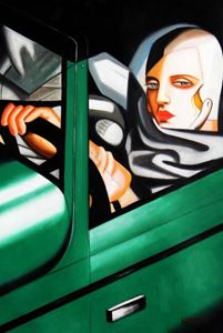 Afbeelding van Homage of T. de Lempicka - Tamara im grünen Bugatti d91739 60x90cm Ölbild handgemalt