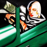 Afbeelding van Homage of T. de Lempicka - Tamara im grünen Bugatti e91769 60x60cm Ölbild handgemalt