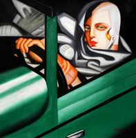Afbeelding van Homage of T. de Lempicka - Tamara im grünen Bugatti g91824 80x80cm Ölbild handgemalt