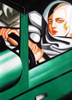 Afbeelding van Homage of T. de Lempicka - Tamara im grünen Bugatti k91889 90x120cm Ölbild handgemalt