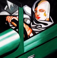 Afbeelding van Homage of T. de Lempicka - Tamara im grünen Bugatti m91942 120x120cm Ölbild handgemalt