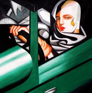 Afbeelding van Homage of T. de Lempicka - Tamara im grünen Bugatti m91942 120x120cm Ölbild handgemalt