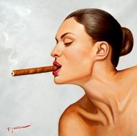 Εικόνα της Modern Art - Frau mit Cohiba Zigarre e92288 60x60cm exquisites Ölgemälde