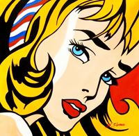 Afbeelding van Homage to Roy Lichtenstein - Mädchen mit Haarband e92518 60x60cm Ölbild handgemalt